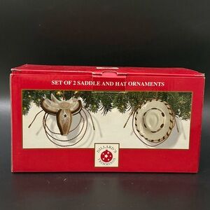 Retired DILLARD’s Trimmings Set of 2 Cowboy Theme Saddle & Hat Ceramic Ornaments